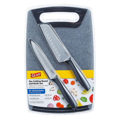 Glad - Juego de cuchillos con tabla de cortar, 5 piezas, cuchillos santoku afilados y utilitarios con cubiertas de hoja y bloque de plástico para picar | Accesorios de cocina color gris