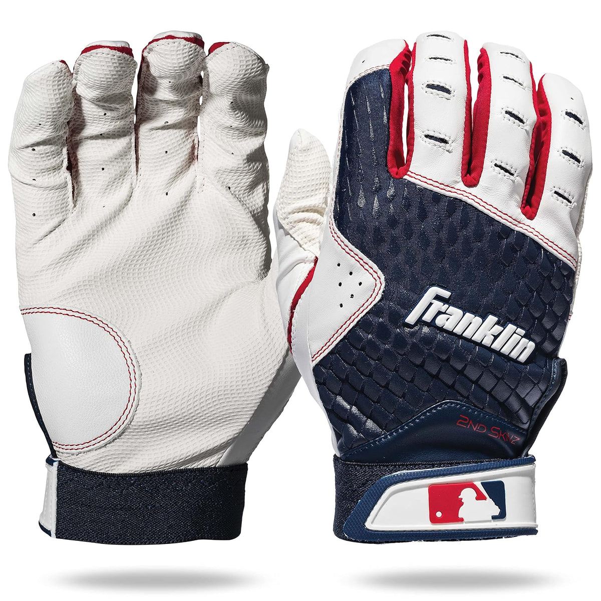 Franklin Sports MLB Guantes de Bateo 2nd-Skinz para Béisbol y Softball - Adulto XL - Blanco - Azul - Rojo