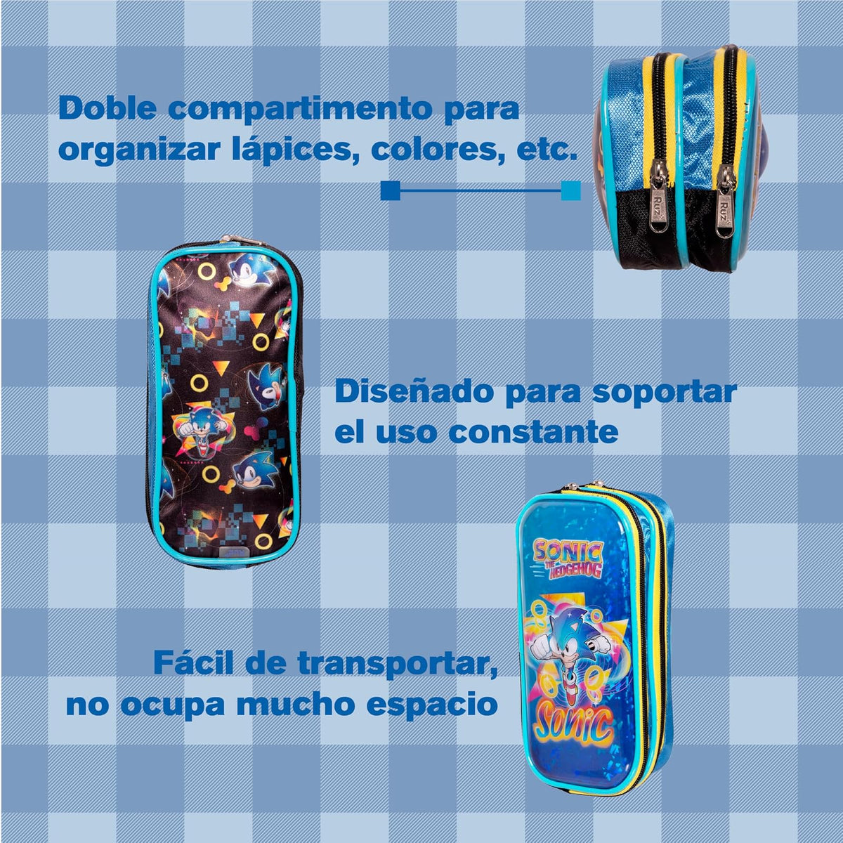 Ruz Lapicera Doble Infantil y Preescolar | Sonic | 100% Poliéster | Estuche de Tela para Niños con Compartimentos Internos y Cremallera | Recomendado desde 3 años