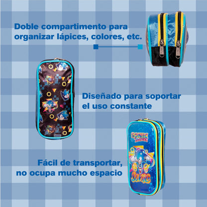 Ruz Lapicera Doble Infantil y Preescolar | Sonic | 100% Poliéster | Estuche de Tela para Niños con Compartimentos Internos y Cremallera | Recomendado desde 3 años
