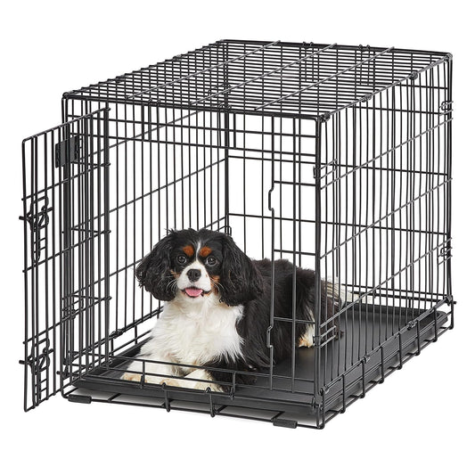 MidWest Life Stages - Jaula de metal plegable para perros, resistente, puerta única y doble puerta con panel separador, protege el piso de los pies y la sartén de plástico a prueba de fugas, Puerta única, Satin Black E-Coat, 30-Inch w/Divider