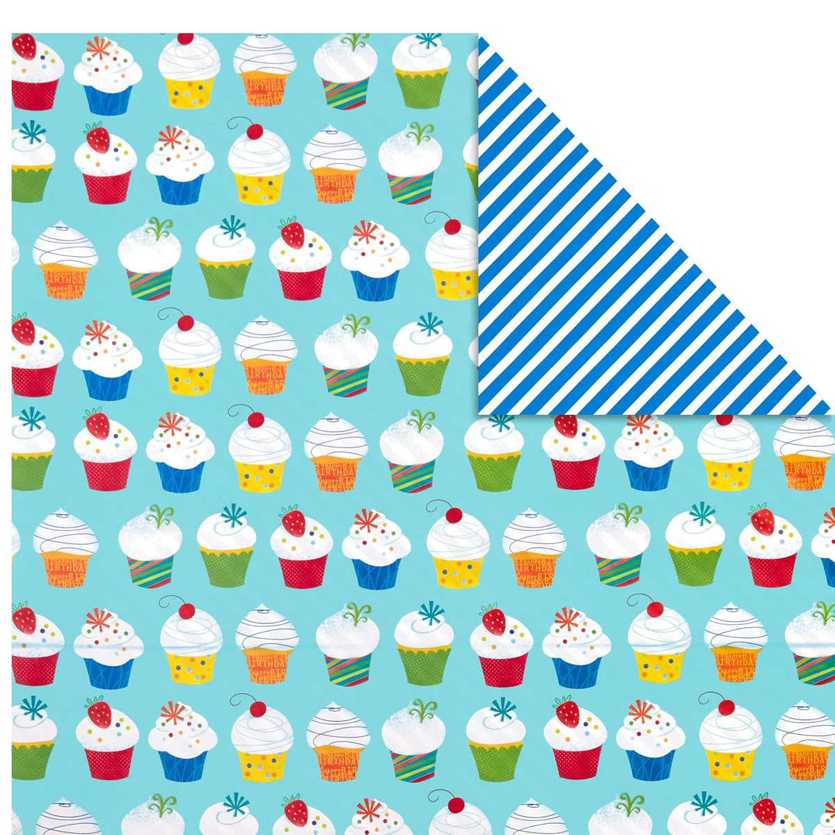 Hallmark - Rollos de papel de regalo de cumpleaños, globos, estrellas, magdalenas, rayas azules, papel de regalo rojo sólido (juego de 3 rollos reversibles: 75 m2 pies ttl.)