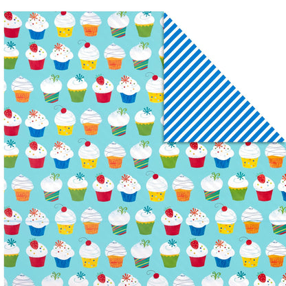 Hallmark - Rollos de papel de regalo de cumpleaños, globos, estrellas, magdalenas, rayas azules, papel de regalo rojo sólido (juego de 3 rollos reversibles: 75 m2 pies ttl.)