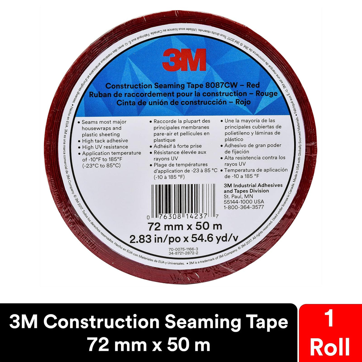 3M Construction Seaming Tape 8087 Red, 72 mm x 50M, 2 13/16 in x 55 yd (Pack of 1)