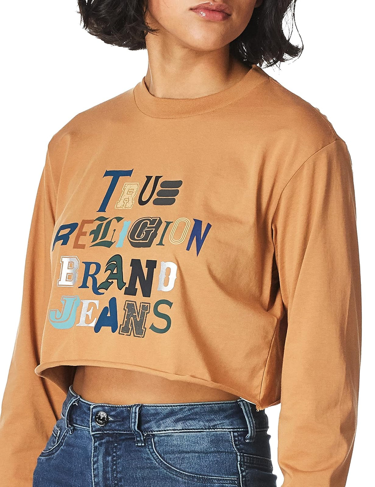 True Religion Camiseta de Manga Larga con Cuello Redondo y Corto Camiseta para Mujer