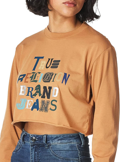 True Religion Camiseta de Manga Larga con Cuello Redondo y Corto Camiseta para Mujer