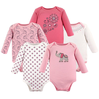 Hudson Baby Paquete de 5 Bodies de Manga Larga para Niña - Elefante BOHO - 6-9 Meses