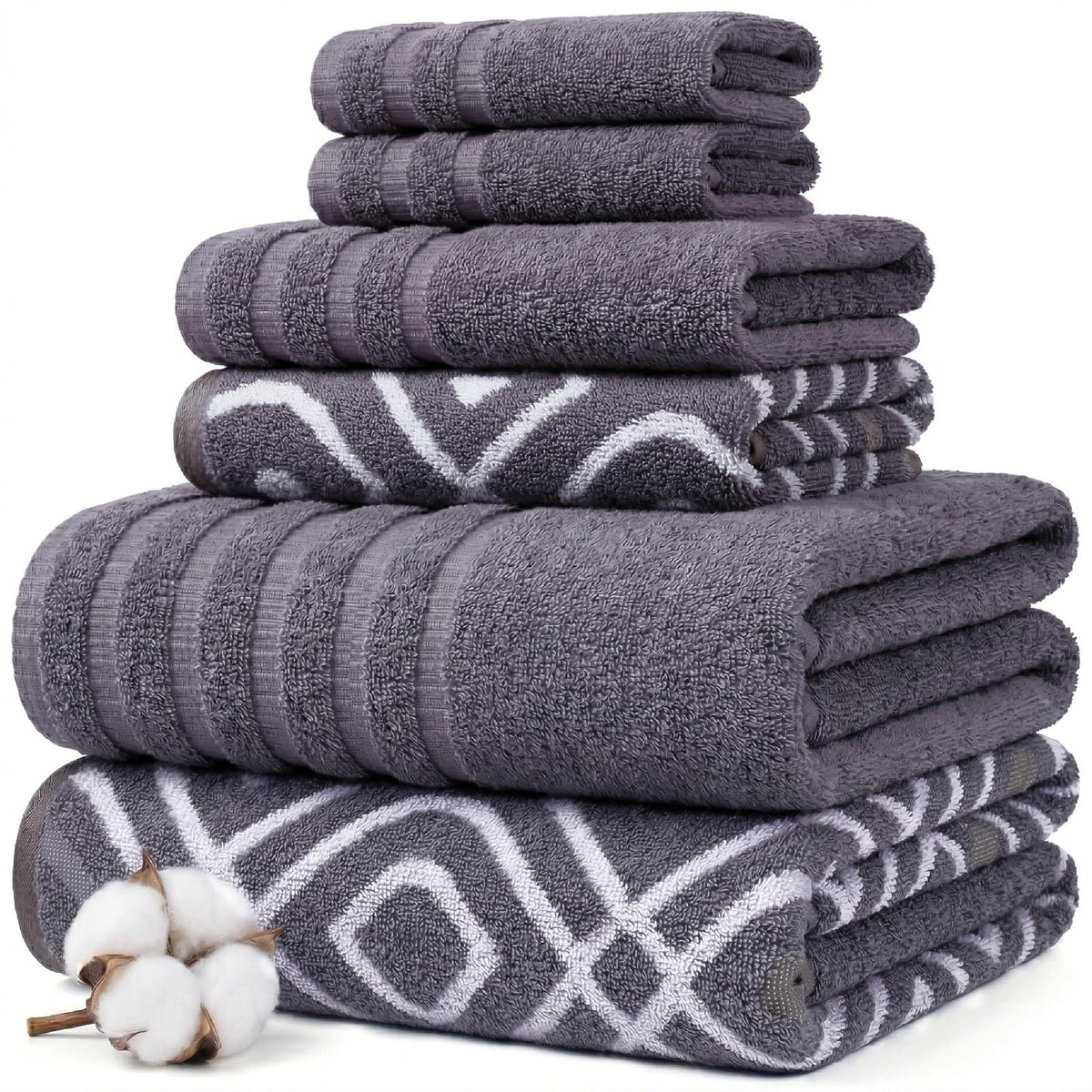 Modern Threads Amrapur Overseas - Juego de Toallas de algodón Peinado de 6 Piezas, teñido a Rayas Oxford Jacquard/sólido Ultra Suave de 500 g/m², 100% [Lavanda Gris] - Estándar - Lavanda