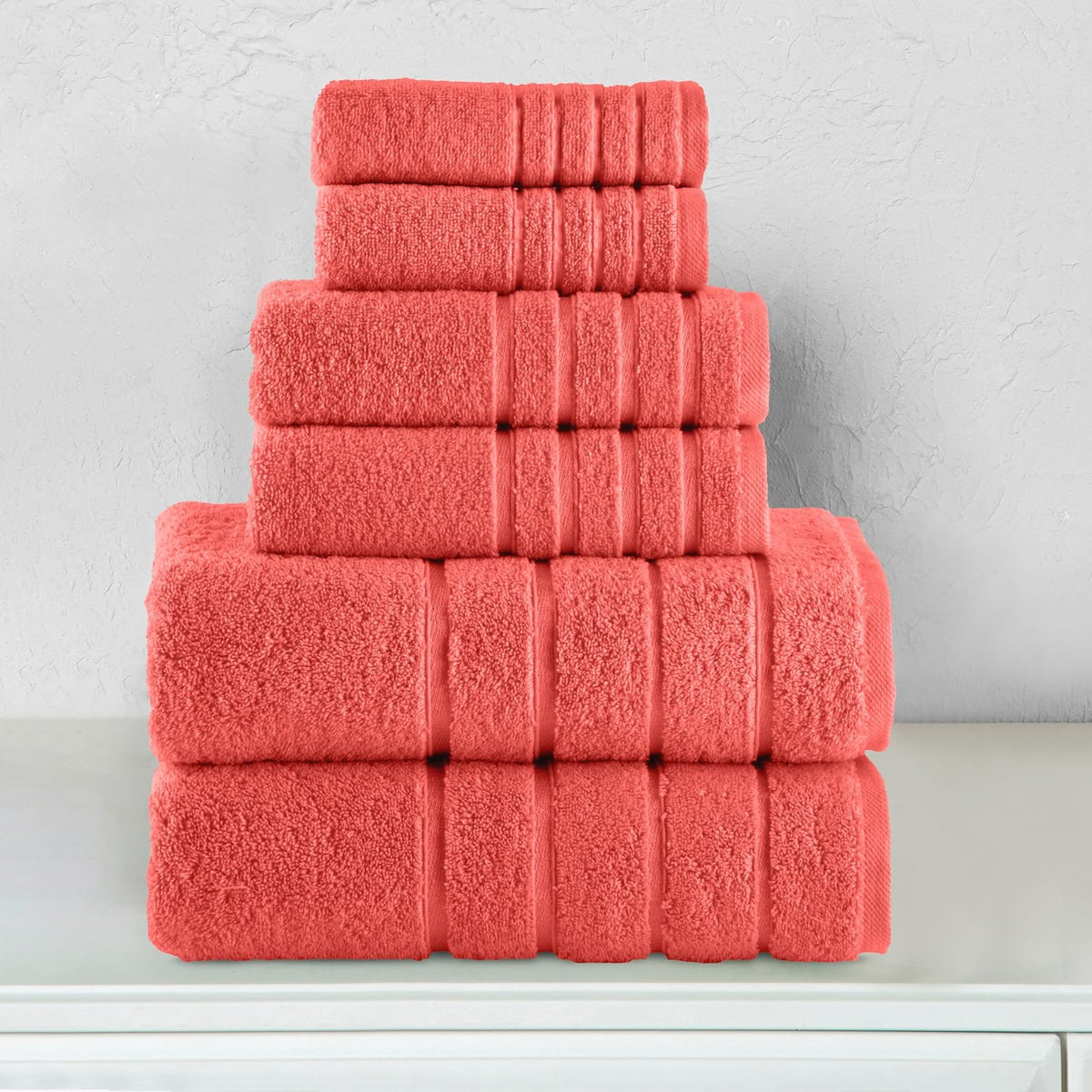 Elegant Comfort - Juego de 6 Toallas de baño de 4 líneas de Viscosa a Rayas – 100% algodón Turco de Alta absorción – Incluye 2 Toallas, 2 Toallas de Mano y 2 Toallas de baño, Color Coral