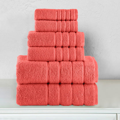 Elegant Comfort - Juego de 6 Toallas de baño de 4 líneas de Viscosa a Rayas – 100% algodón Turco de Alta absorción – Incluye 2 Toallas, 2 Toallas de Mano y 2 Toallas de baño, Color Coral