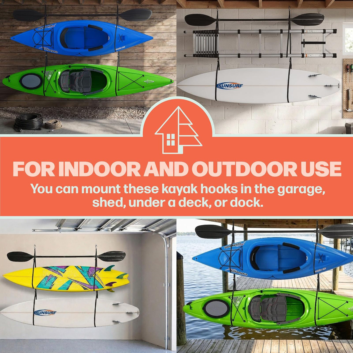 RAD Sportz - Soporte para Kayak de Pared o Techo para Tablas de Surf, Tablas de Remo, Sup o Canoa, Correas Ajustables para Kayak