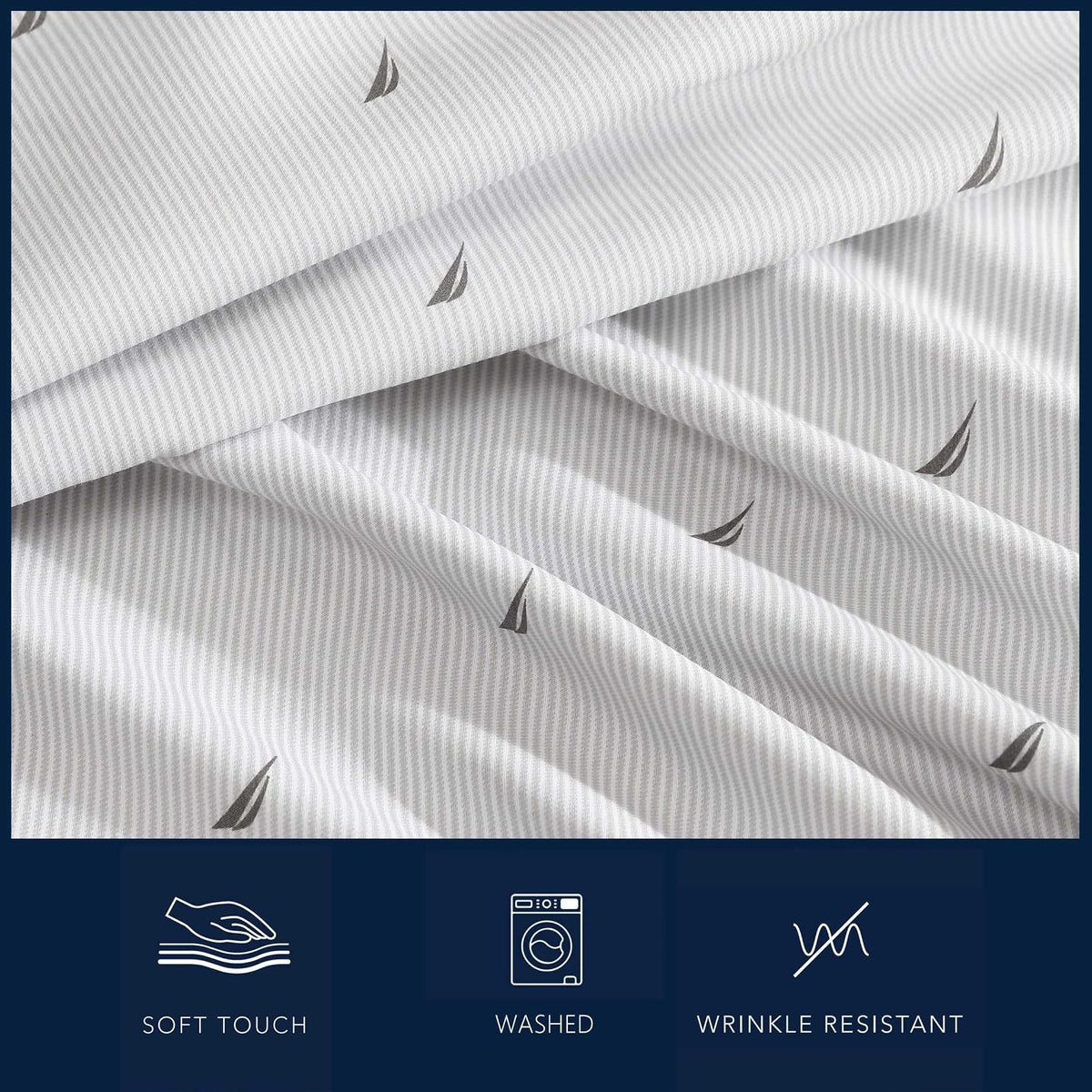 Nautica - Juego de sábanas Individuales, Ropa de Cama de Microfibra Transpirable y refrescante con Fundas a Juego, Juego de Cama Resistente a Las Arrugas (Clase J a Rayas náuticas, Gris, tamaño