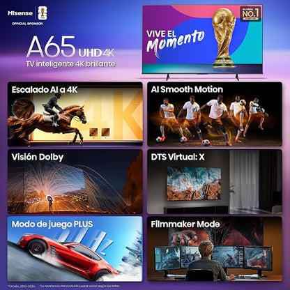 Hisense Television A65N (Modelo 2025) Pantalla 43 Pulgadas, Smart Vidaa TV UHD 4K,Control Remoto por Voz con Alexa, Dolby Vision, Amplia Gama de Colores, Modo de Juego Plus, ALLM