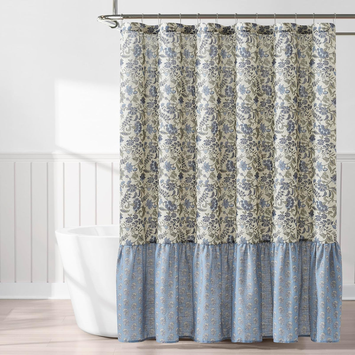 Lush Decor - Cortina de Ducha con Textura de Lino con Estampado de Bloques de Lillian, Individual, 72 Pulgadas de Ancho x 72 Pulgadas de Largo, Color Azul y Salvia, Cortinas de Ducha Florales clásico
