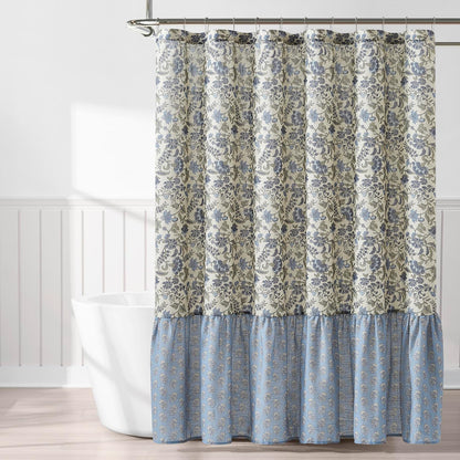 Lush Decor - Cortina de Ducha con Textura de Lino con Estampado de Bloques de Lillian, Individual, 72 Pulgadas de Ancho x 72 Pulgadas de Largo, Color Azul y Salvia, Cortinas de Ducha Florales clásico