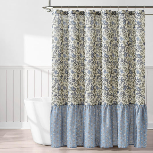 Lush Decor - Cortina de Ducha con Textura de Lino con Estampado de Bloques de Lillian, Individual, 72 Pulgadas de Ancho x 72 Pulgadas de Largo, Color Azul y Salvia, Cortinas de Ducha Florales clásico