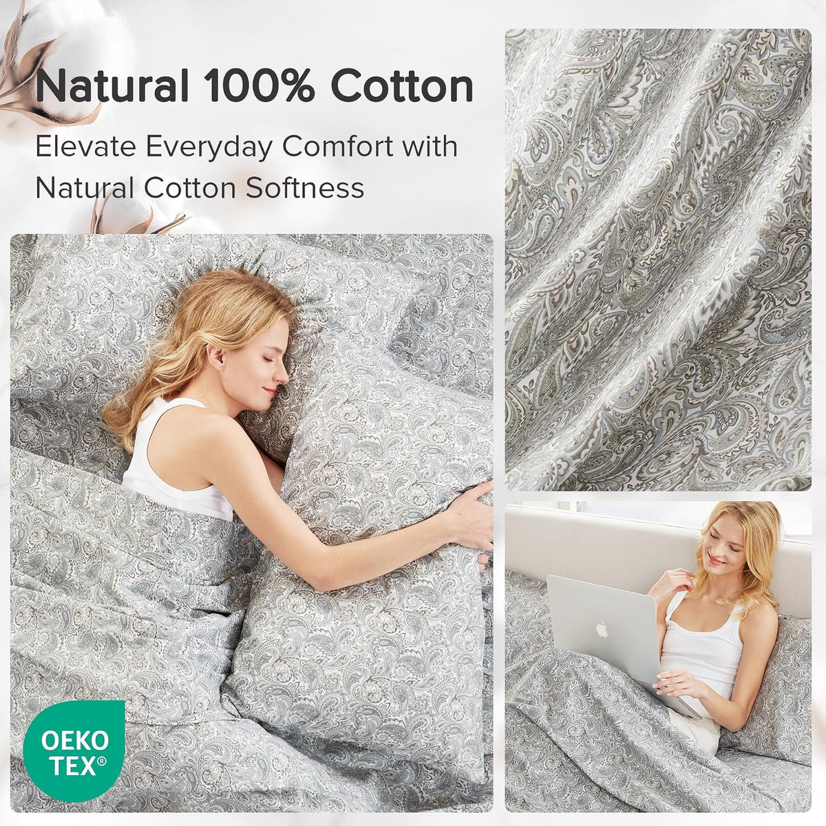 Comfort Spaces - Sábanas de algodón 100% tamaño Queen, Transpirables, naturalmente Frescas, sábanas de algodón Suave con Bolsillo elástico de 14 Pulgadas, se Adapta a colchones de hasta 16 Pulgadas,