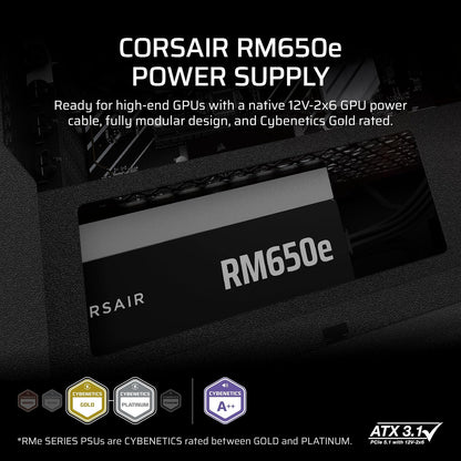 Corsair RM650e (2025) Fuente de alimentación ATX Totalmente Modular de bajo Ruido con Cable de 12 V-2 x 6 – Cumple con ATX 3.1 y PCIe 5.1, Cybenetics Gold Efficience, Condensadores con clasificación