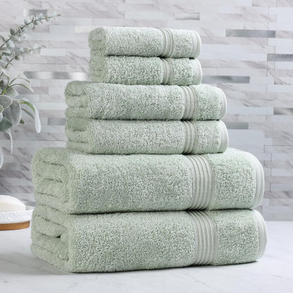 Superior Conjunto de 6 Piezas Toallas (2 toallas baño, 2 mano, para la cara) 100% Algodón Premium Largo Estambre Peinado, Absorbente y Rápido Secado, Sage