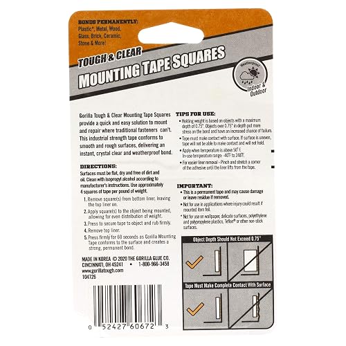 Gorilla Tough & Clear - Cuadros de cinta de doble cara, 24 cuadrados de montaje precortados de 1 pulgada, transparentes, (paquete de 1)