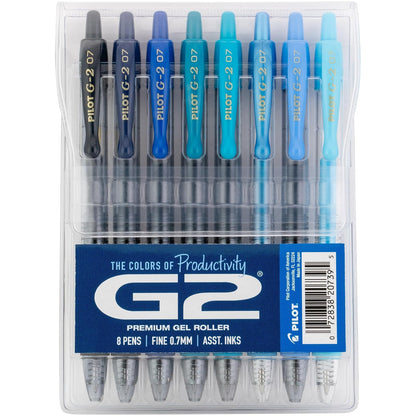 Pilot G2 Boost - Bolígrafos de Gel Azul, Punta Fina 0.7 mm, Paquete de 8 | Los colores de productividad, bolígrafos de tinta negra y azul surtidos, bolígrafo de punta fina de 0,7 mm, bola borrable