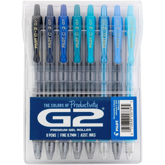 Pilot G2 Boost - Bolígrafos de Gel Azul, Punta Fina 0.7 mm, Paquete de 8 | Los colores de productividad, bolígrafos de tinta negra y azul surtidos, bolígrafo de punta fina de 0,7 mm, bola borrable