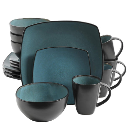 Gibson Home Soho Lounge Juego de Vajilla de Gres Cuadrada, Servicio para 4 - Service for 4 (16pcs) - Forest Green y Black Tutone
