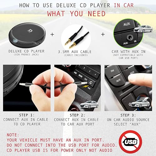 Deluxe Products Reproductor de CD portátil con 60 Segundos antisaltos, Auriculares estéreo, Incluye Cable Auxiliar y Cable de alimentación USB de CA para Uso en casa o en Automóvil