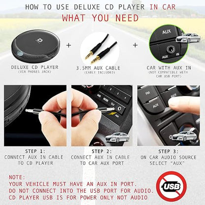Deluxe Products Reproductor de CD portátil con 60 Segundos antisaltos, Auriculares estéreo, Incluye Cable Auxiliar y Cable de alimentación USB de CA para Uso en casa o en Automóvil