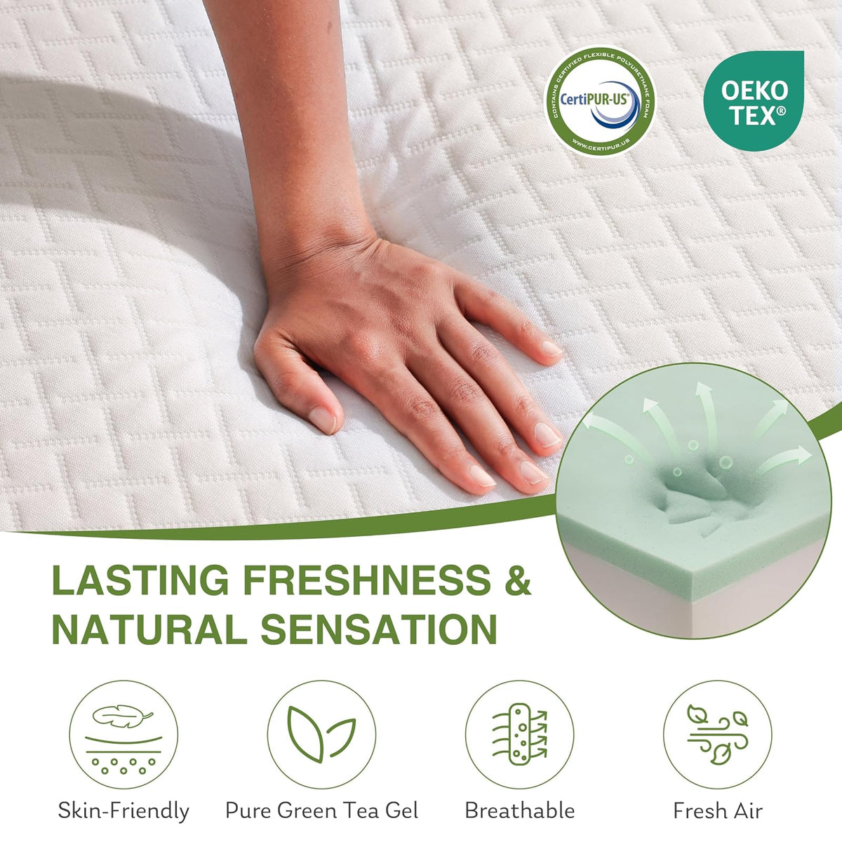 EGOHOME Colchón individual de 6 pulgadas para niños, colchón de espuma viscoelástica con gel de té verde refrescante, alivia la presión con soporte medio firme, certificado CertiPUR-US, 75 pulgadas de