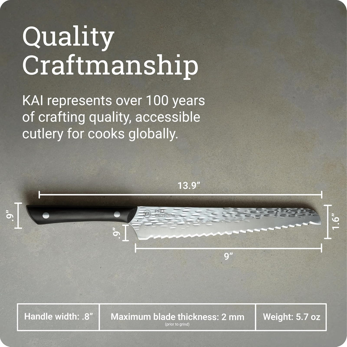 Kai PRO - Cuchillo para pan de 9 pulgadas, serrado, acero inoxidable AUS6M, mango POM, certificado NSF