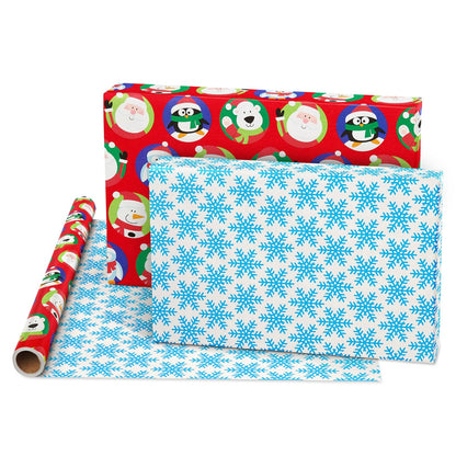 American Greetings Jumbo - Rollo de papel de regalo reversible de Navidad para niños, color rojo y azul (175 m². Pies, 1 rollo extragrande de 30 pulgadas. Pingüinos, osos polares, Papá Noel, copos de