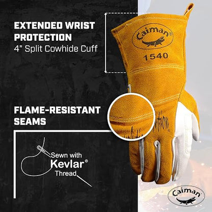Caiman - Guantes de soldadura TIG/multitarea de grano de cabra, parte trasera de piel vacuno dividida, puño extendido de 4 pulgadas, blanco/dorado, L (1540-5)