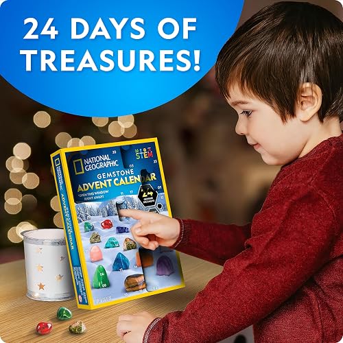 NATIONAL GEOGRAPHIC Gemstone Advent Calendar - 2022 Advent Calendar for Kids with 24 Gemstones to Open Each Day, a Complete Rock Collection Christmas Countdown Calendar with Mini Gemstone Dig Kit