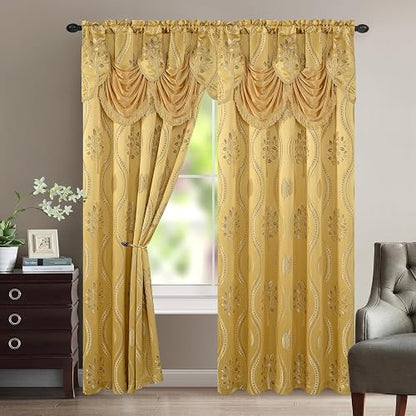 Elegant Comfort Aurora - Juego de Paneles de Cortina de Aspecto Jacquard con Cenefa adjunta, Respaldo para recámara, Sala de Estar, Comedor, 2 Cortinas de 54 x 84 Pulgadas, Color Dorado