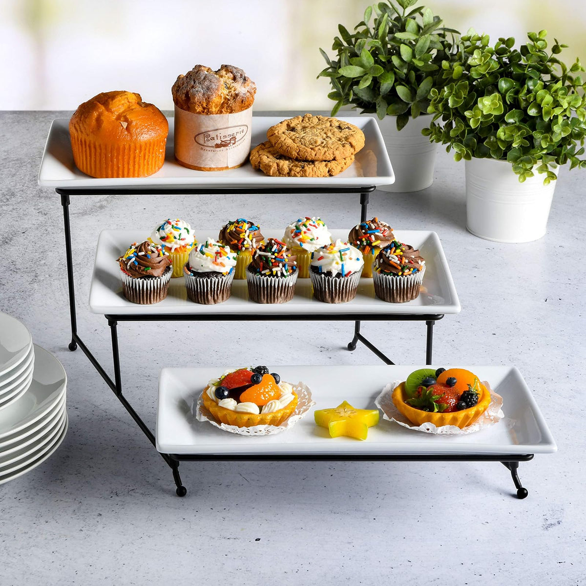 Gibson Gracious Dining - Juego de Platos con Tres niveles con Soporte de Metal, Blanco