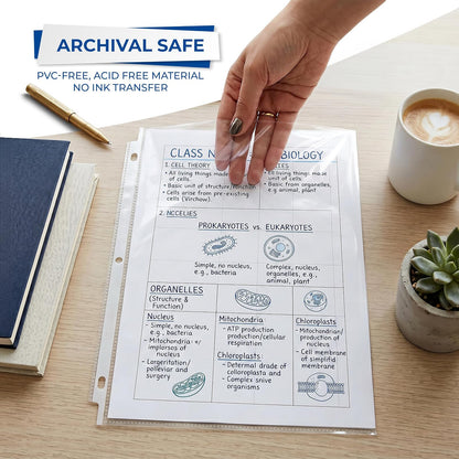 Samsill 100 protectores de hojas transparentes de peso estándar, protectores de páginas de plástico reforzado con diseño de 3 orificios, caja fuerte para archivos, carga superior para hojas de 8,5 x