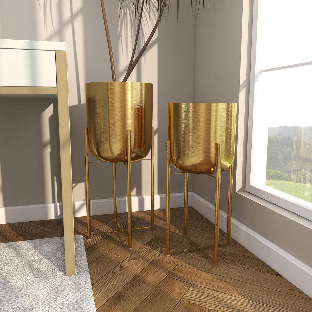 CosmoLiving by Cosmopolitan - Maceta Grande de Metal para Interiores y Exteriores, con Soporte extraíble, Juego de 2 macetas de 19 Pulgadas, 22 Pulgadas de Alto, Dorado