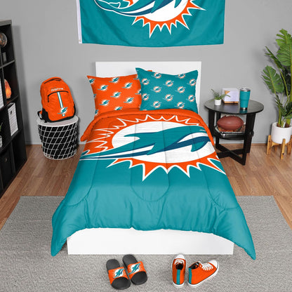 FOCO Juego de Edredón NFL 3 Piezas Individual con Logo de Equipo - Delfines de Miami - Individual