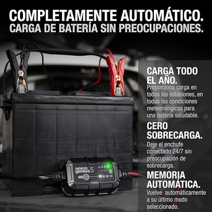 NOCO GENIUS5: Cargador de batería Inteligente 6V/12V 5A – Mantenedor automático, Cargador Lento y desulfatador con protección contra sobrecarga y compensación térmica – para baterías Plomo y Litio