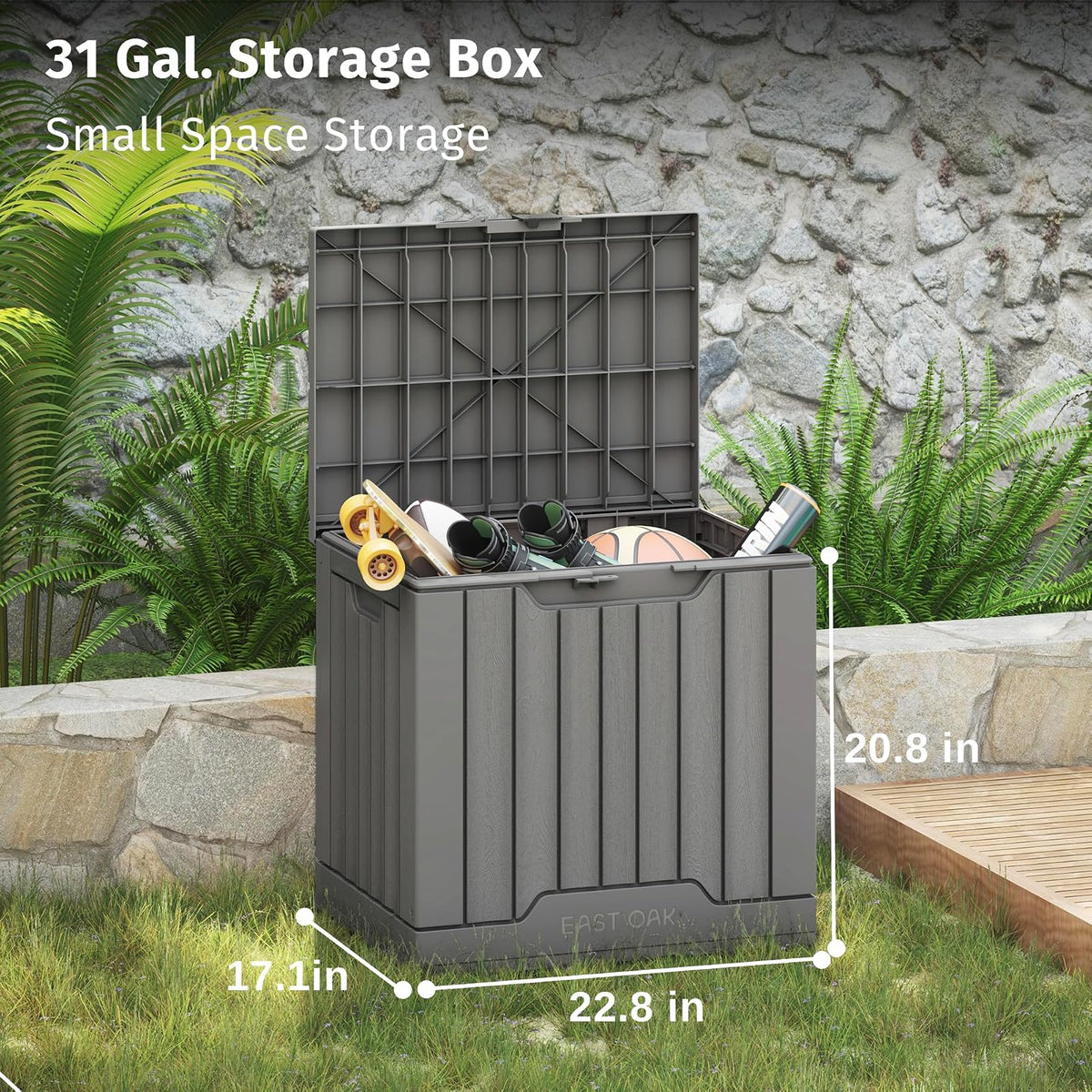 EAST OAK - Caja de almacenamiento para exteriores | Caja de 31 galones para uso en interiores y exteriores, contenedor de almacenamiento de resina impermeable con pestillo para cojines de patio,