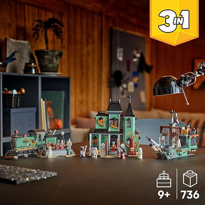 LEGO Creator 3en1 Mansión Embrujada Juguete para Construir una Casa, Se Convierte en un Barco o un Tren con 5 Minifiguras, Regalo para Halloween, para Niños de 9 Años o Más 31167