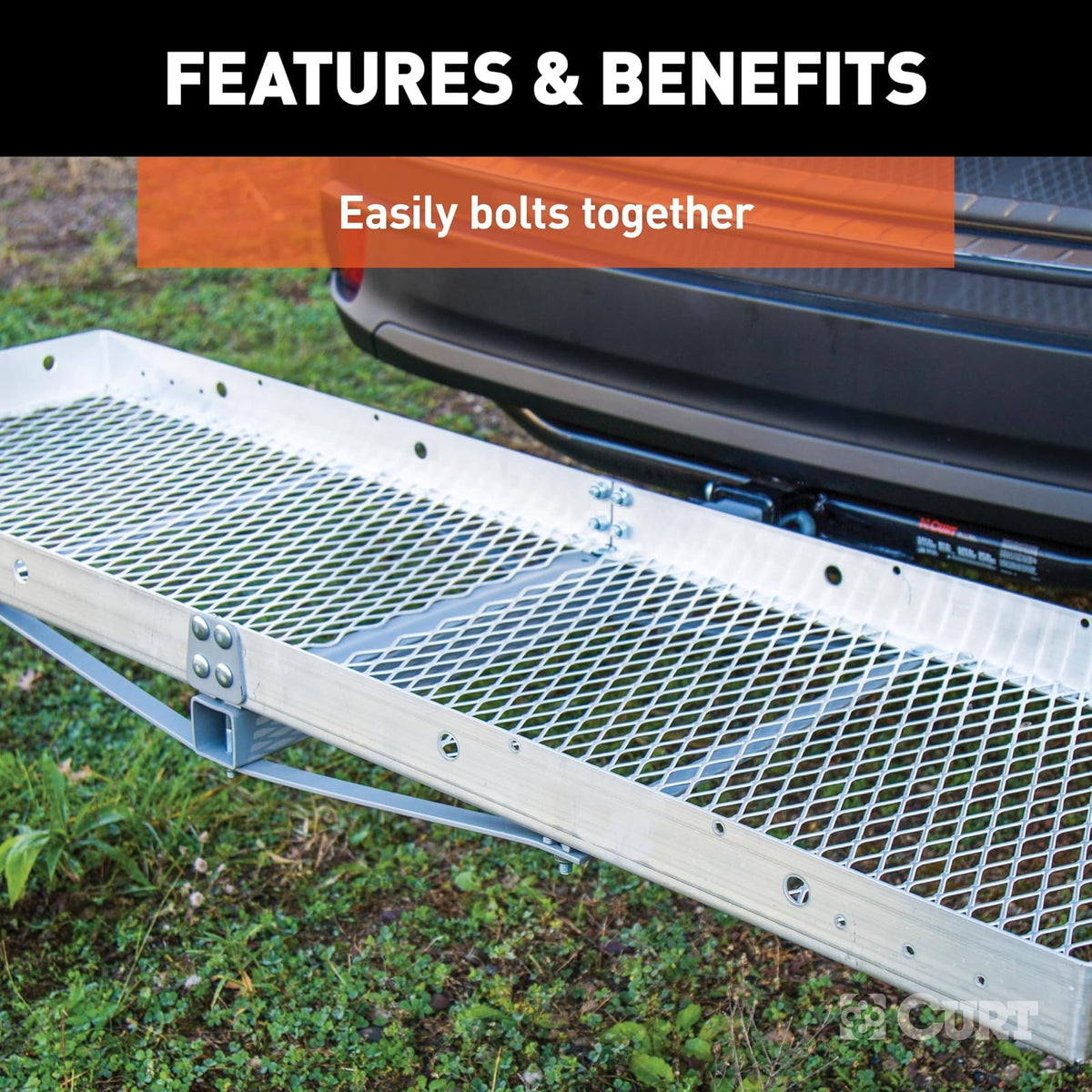 CURT 18100 - Bandeja de aluminio de 60 x 20 pulgadas, capacidad de 500 libras, vástago plegable de 2 pulgadas