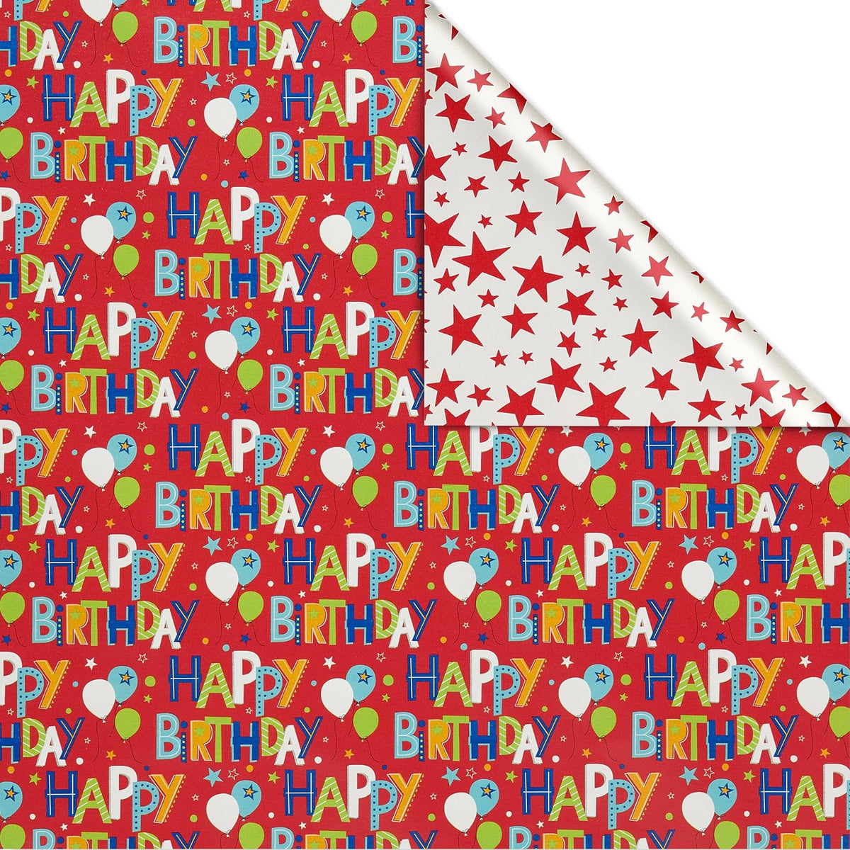American Greetings 175 sq. Papel de regalo reversible, para cumpleaños, letras de feliz cumpleaños y estrellas (1 rollo jumbo, 30 pulgadas x 70 pies)