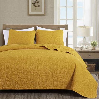 Chezmoi Collection - Juego de Colcha Austin de 3 Piezas, Azul Cambray - Queen - Amarillo mostaza