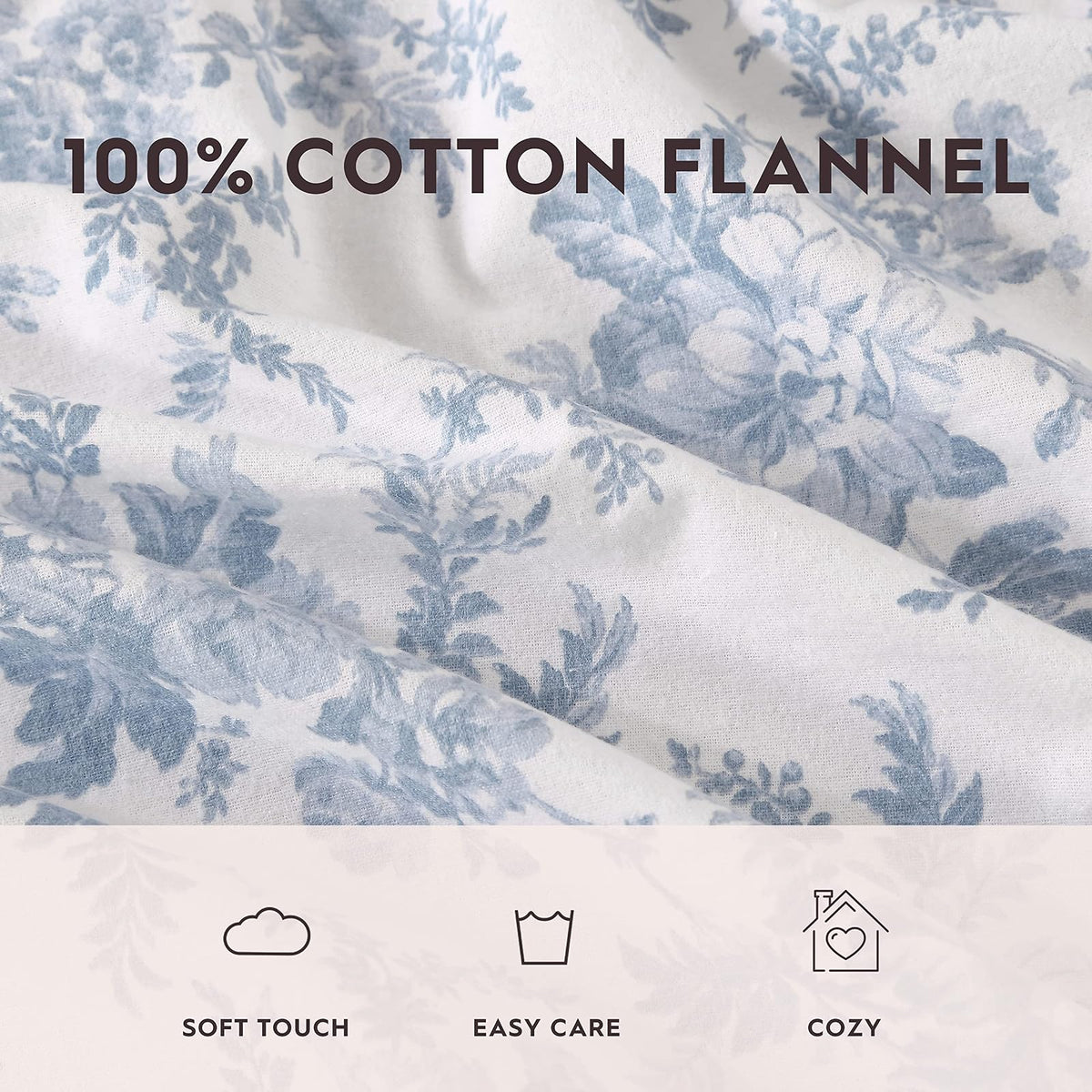 Laura Ashley - Juego de sábanas matrimoniales, Ropa de Cama de Franela de algodón, Cepillado para Mayor suavidad y Comodidad (Azul Vanessa, matrimonial)