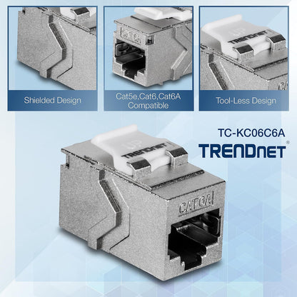 TRENDnet Cat6A RJ45 Keystone Acoplador en línea Keystone Jack, Paquete de 6, TC-KC06C6A, Conector Keystone Hembra a Hembra para Placas de Pared y Paneles de conexión Keystone Blindados en Blanco,