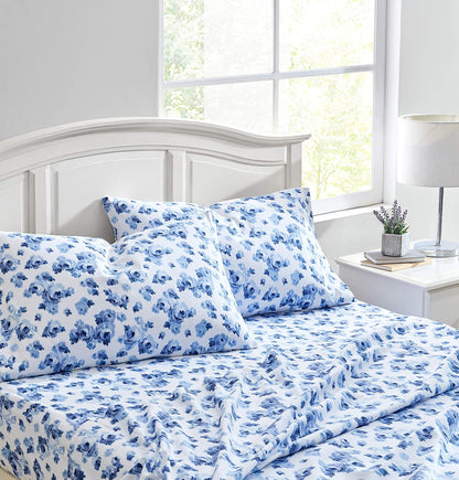 Laura Ashley - Juego de sábanas Queen, Ropa de Cama de Franela de algodón, Cepillado para Mayor suavidad y Comodidad (Azul Emelisa, Queen)