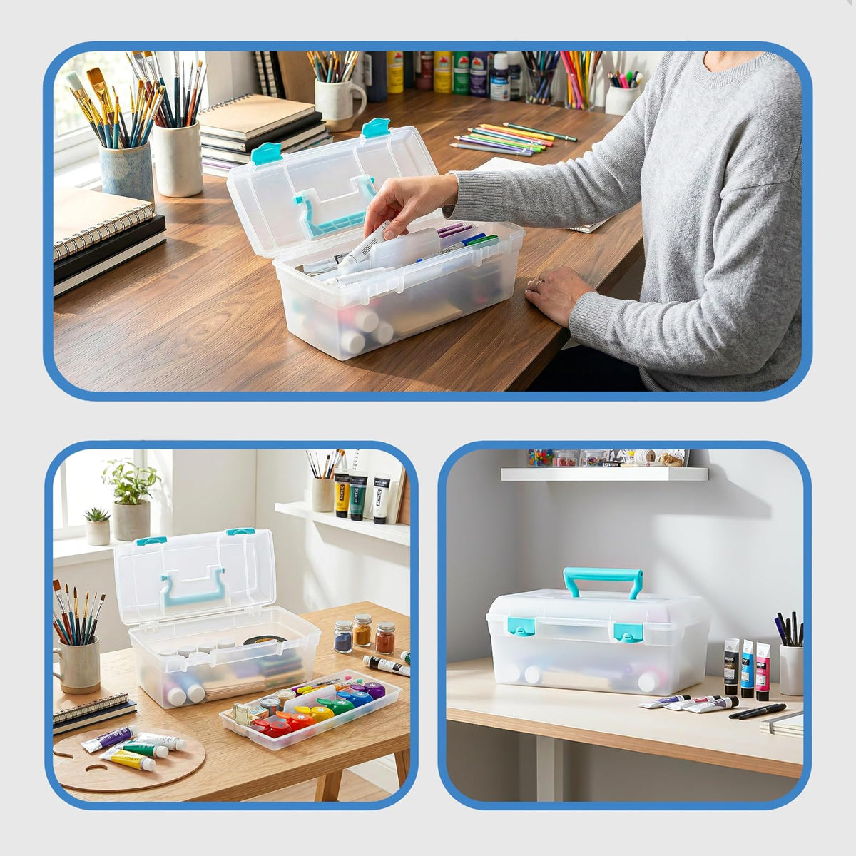 ArtBin 6937AG Essentials Caja de Bandeja elevable, Organizador portátil de Arte y Manualidades con asa y Bandeja, Transparente/Aguamarina