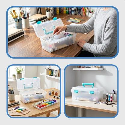 ArtBin 6937AG Essentials Caja de Bandeja elevable, Organizador portátil de Arte y Manualidades con asa y Bandeja, Transparente/Aguamarina